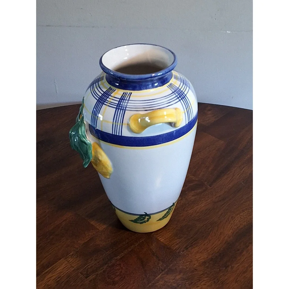 Vintage Ceramic Vase Blue Yellow 3D Lemon 10.5